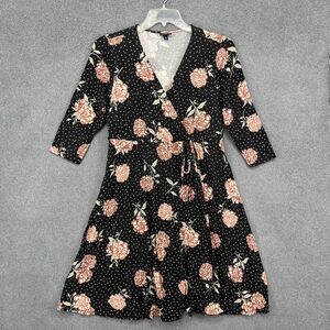 Torrid Dress Womens 00 Black Floral Polka Dot Wrap Tie Waist A-Line 3/4‎ Sleeve